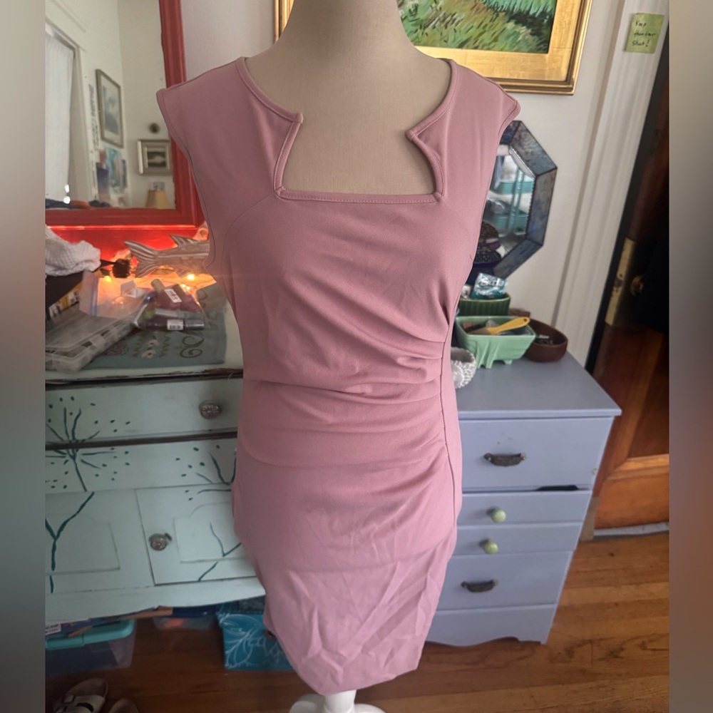SHEIN Mauve Pink Knee Length Sleeveless Dress L Workwear Stretch VGUC